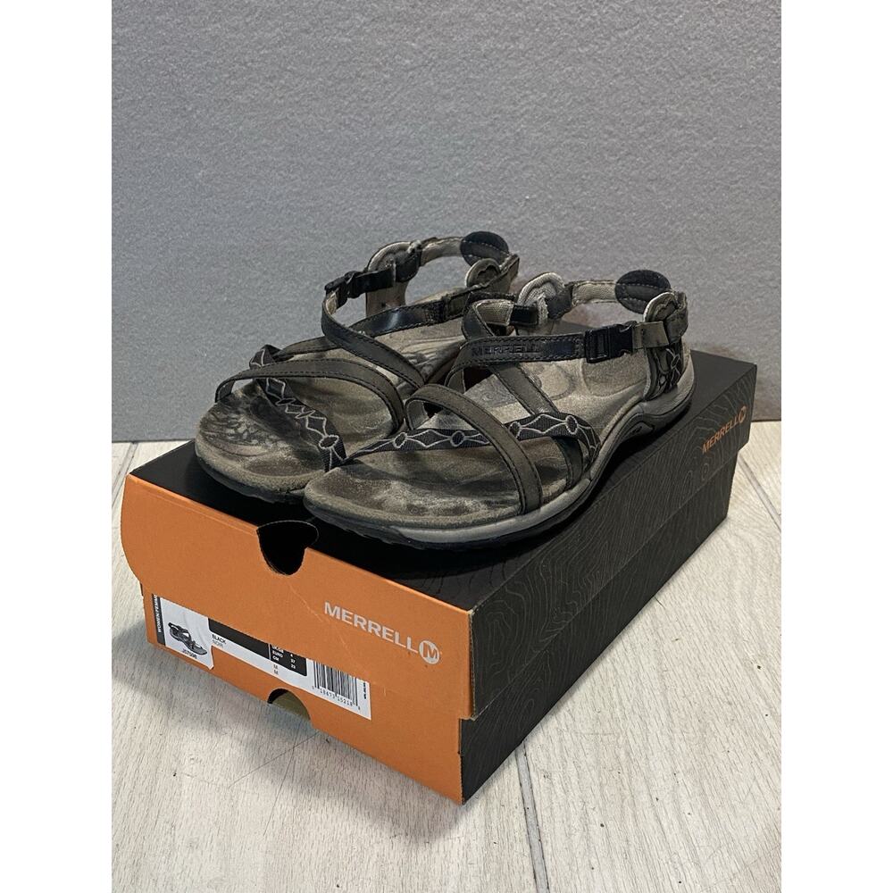 Merrell Jacardia Sandals Black Womans 6 Grey Leather Strappy Open Toe Ankle